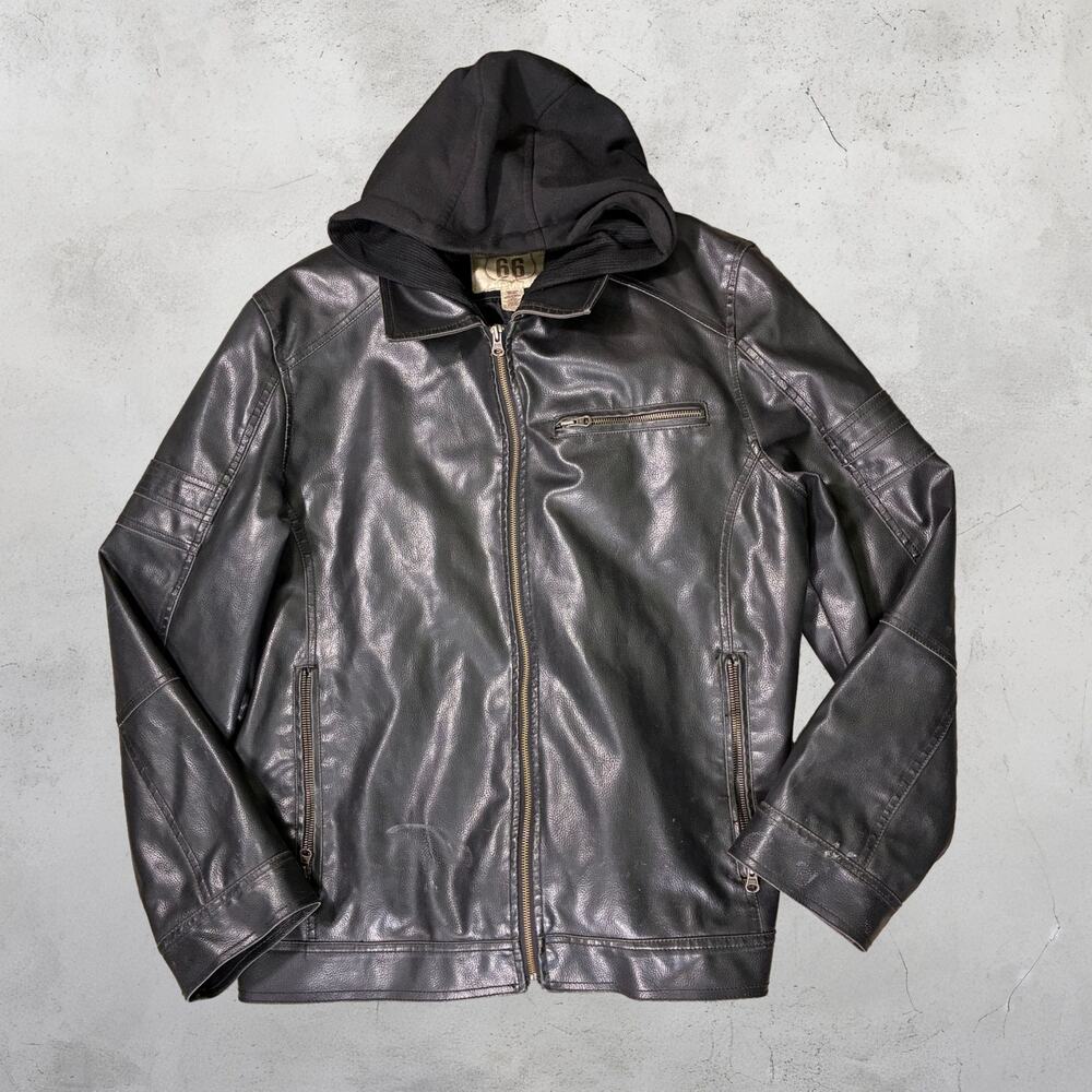 🏍️ Route 66 Black Faux Leather Hooded Moto Jacket 🖤